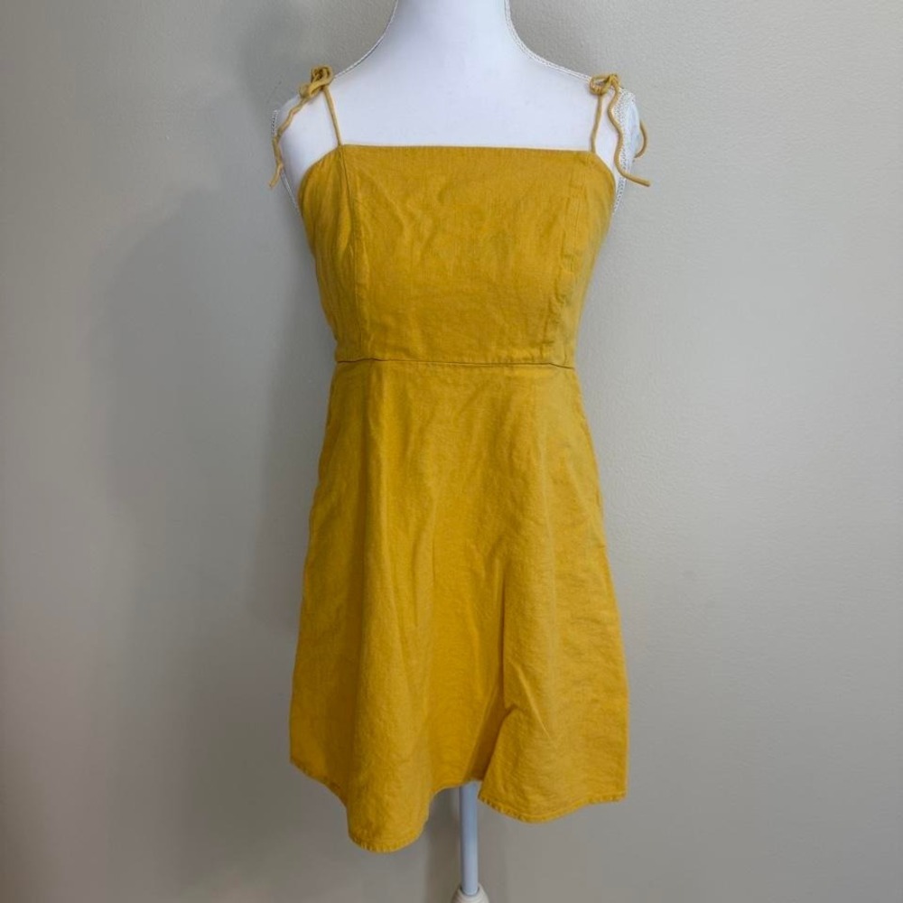 Linen Blend Fit & Flare Mini Dress Sz S Pockets Cottagecore Beachy Boho